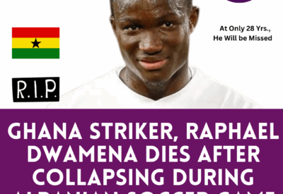Former Ghana striker Raphael Dwamena has died after collapsing in Saturday during an Albanian Super League soccer match.