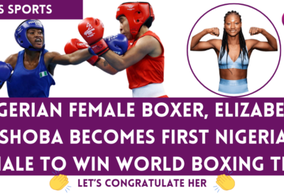 Image featuring Elizabeth Oshoba celebrating her victory in the boxing ring.
