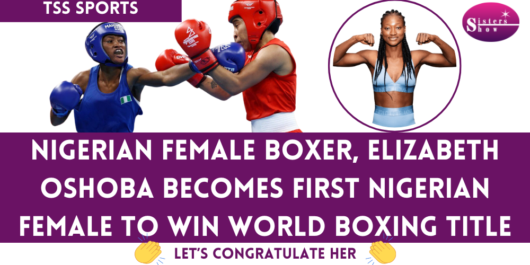 Image featuring Elizabeth Oshoba celebrating her victory in the boxing ring.