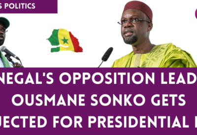 Image featuring the Senegalese flag alongside a portrait of the opposition leader facing setbacks in his presidential bid.