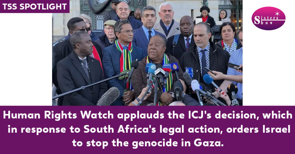 Image featuring the Human Rights Watch logo alongside the International Court of Justice (ICJ) emblem.