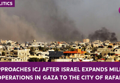 Image featuring the International Court of Justice (ICJ) emblem alongside a map or image representing Gaza and the city of Rafah.