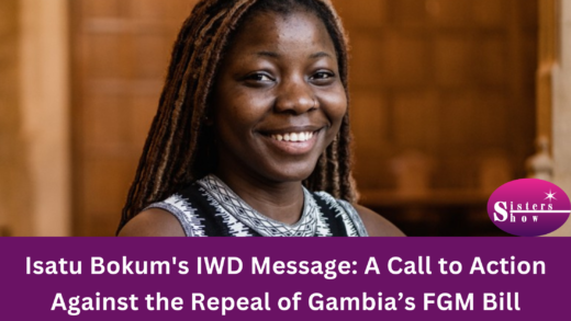 Image of Isatu Bokum delivering a speech or holding a sign advocating against the repeal of Gambia's FGM bill.
